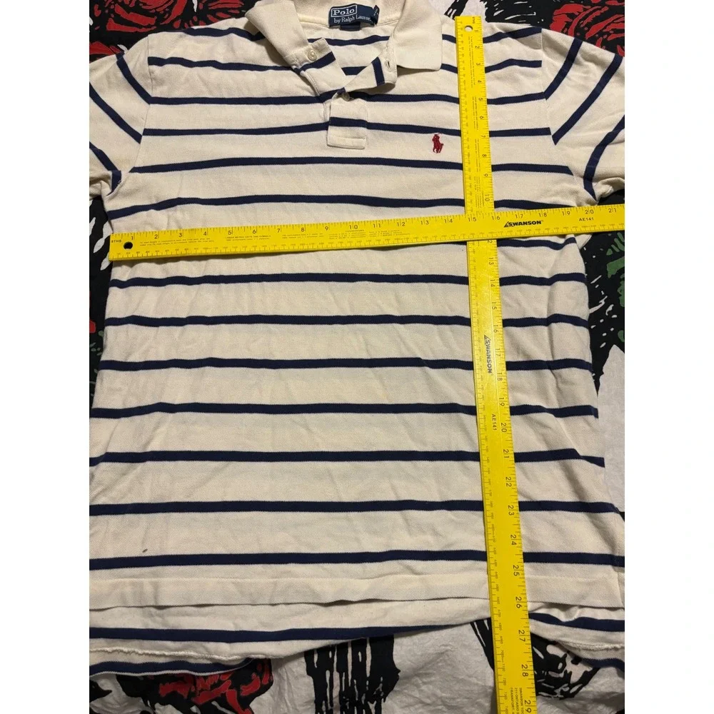 Polo Ralph Lauren Mens Medium Striped Polo Shirt Cream Navy Blue Red Pony Logo